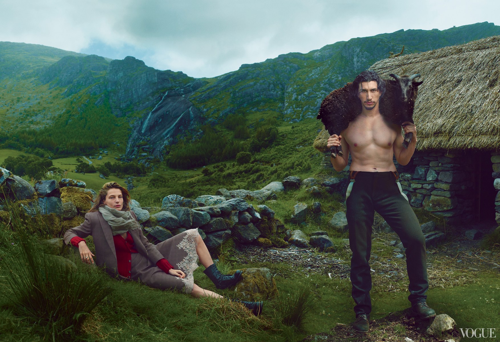 A Vogue photoshoot featuring a shirtless Adam Driver carrying a fluffy ram against a backdrop of mountains.